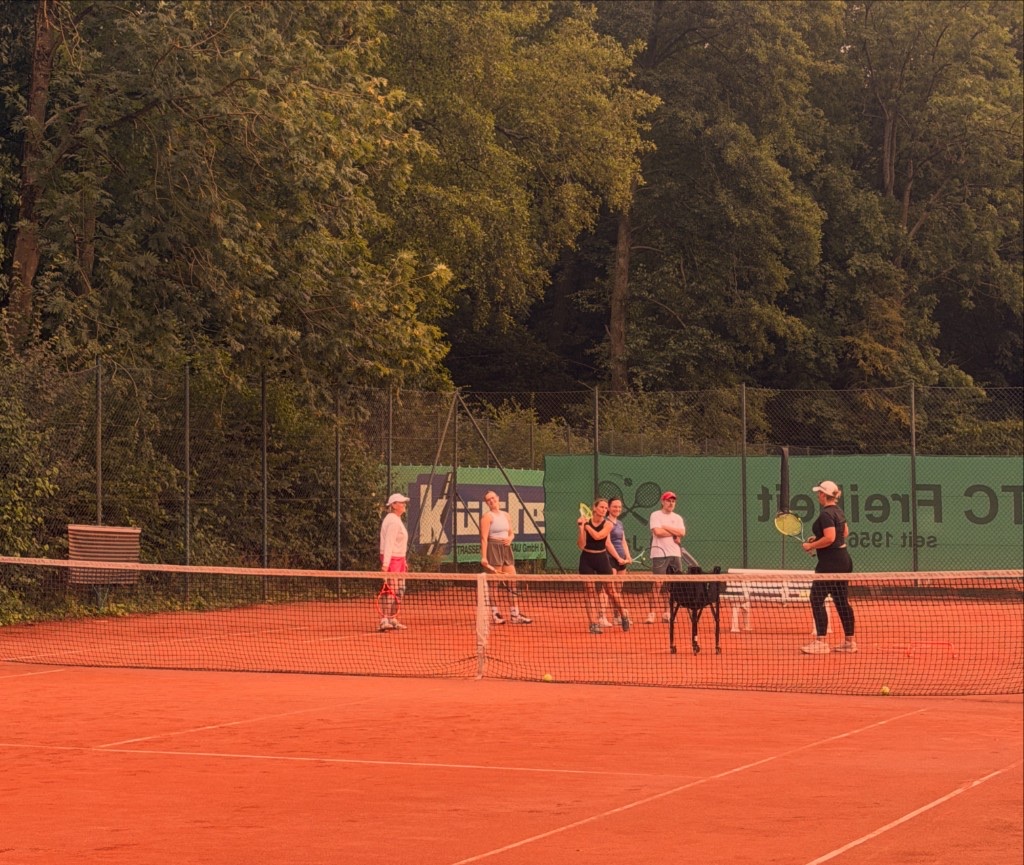 Trainingsgruppe auf dem Sandplatz der Jan Hofer Tennisschule – gemeinsames Tennistraining im Freien